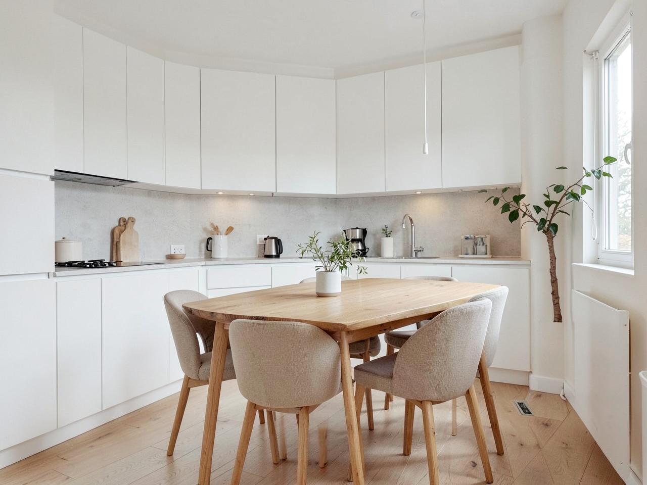 Furnished Scandinavian kitchen and dining area