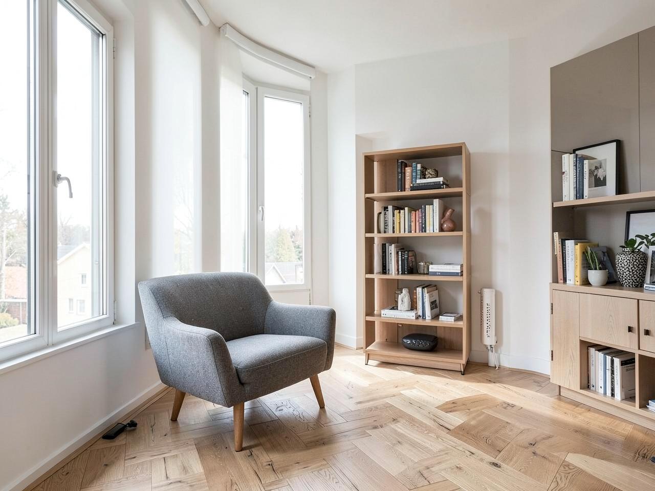 Bright furnished living area with wooden floor